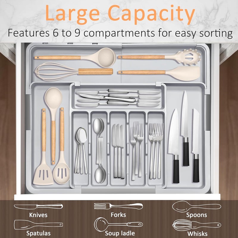 Spaclear Silverware Organizer Expandable Kitchen Drawer Organizer Adjustable 22"x 19" Utensil Organizer with Rubber Feets Cutlery Drawer Organizer for Spoons Forks Knives Kitchen Organizers and Storage Grey - Image 3